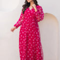Lovely Pink Bandhani Print Georgette Gown with Sheer Sleeves and V-Neckline
