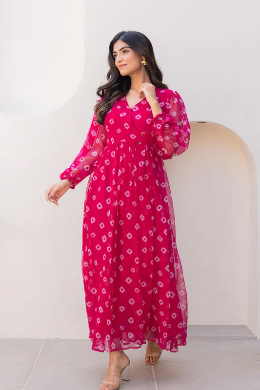 Lovely Pink Bandhani Print Georgette Gown with Sheer Sleeves and V-Neckline
