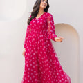 Lovely Pink Bandhani Print Georgette Gown with Sheer Sleeves and V-Neckline