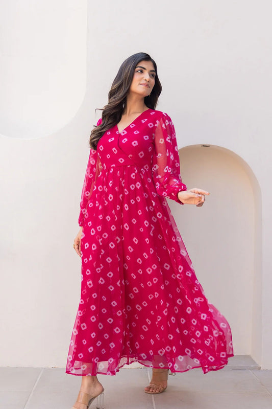 Lovely Pink Bandhani Print Georgette Gown with Sheer Sleeves and V-Neckline
