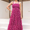 Fabulous Wine Bandhani Print Georgette Gown with Spaghetti Straps and Tiered Flare