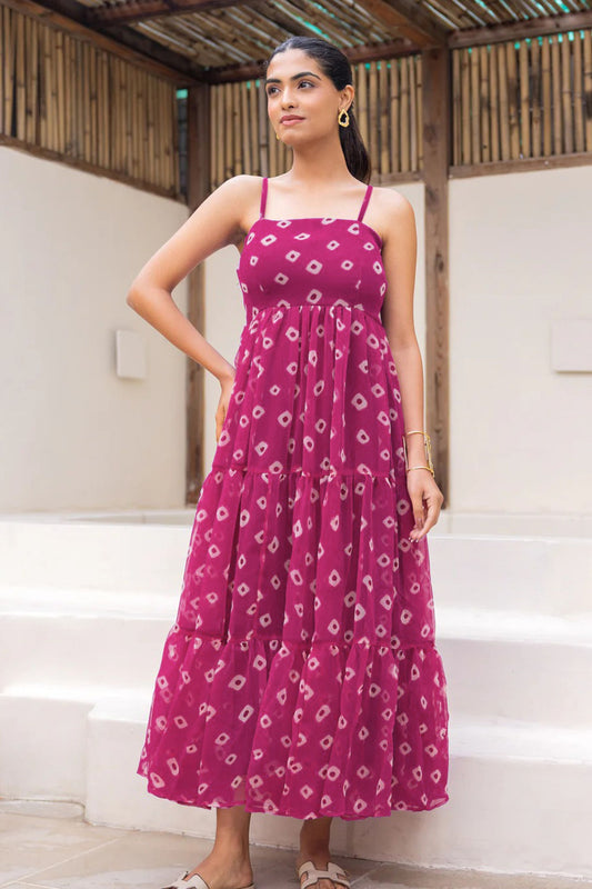 Fabulous Wine Bandhani Print Georgette Gown with Spaghetti Straps and Tiered Flare