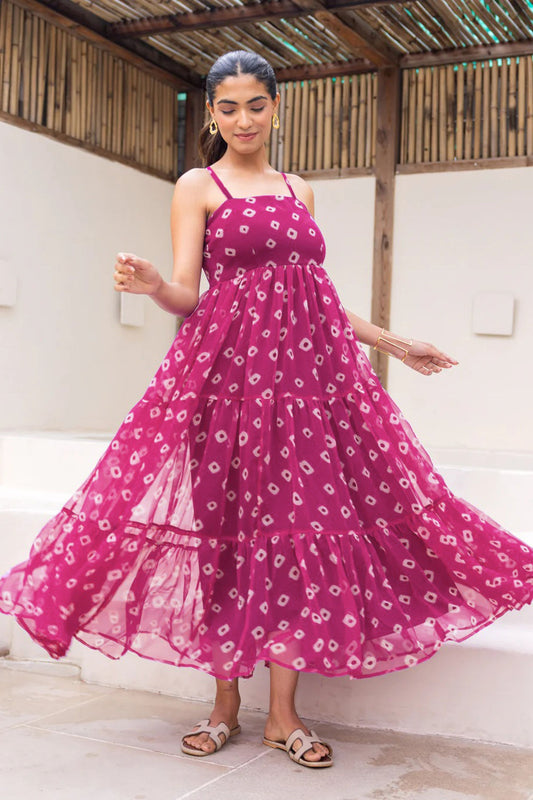 Fabulous Wine Bandhani Print Georgette Gown with Spaghetti Straps and Tiered Flare
