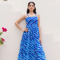 Superb Blue Tie-Dye Print Georgette Gown with Spaghetti Straps and Tiered Flare