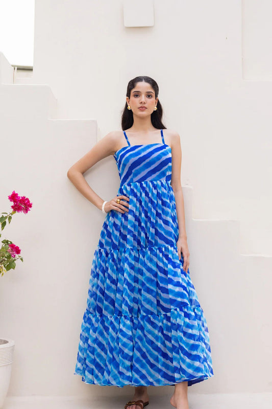 Superb Blue Tie-Dye Print Georgette Gown with Spaghetti Straps and Tiered Flare