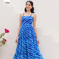 Superb Blue Tie-Dye Print Georgette Gown with Spaghetti Straps and Tiered Flare