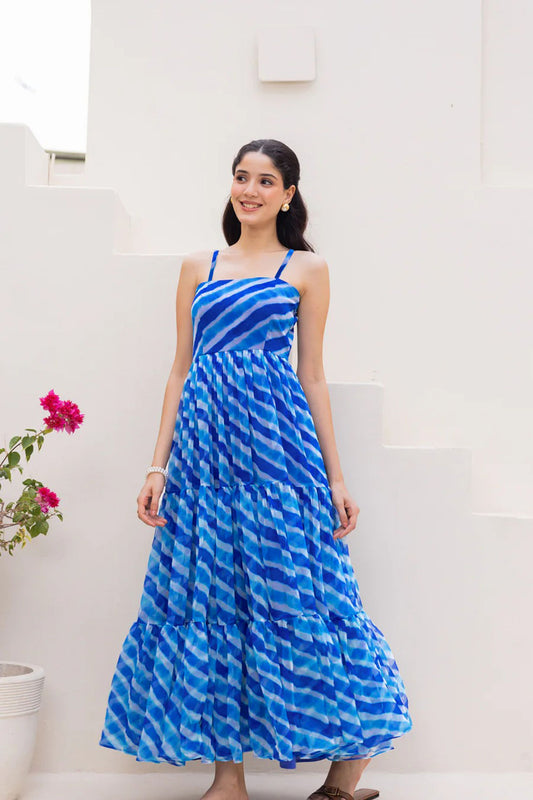 Superb Blue Tie-Dye Print Georgette Gown with Spaghetti Straps and Tiered Flare
