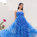 Superb Blue Tie-Dye Print Georgette Gown with Spaghetti Straps and Tiered Flare