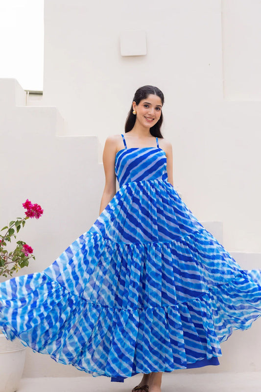 Superb Blue Tie-Dye Print Georgette Gown with Spaghetti Straps and Tiered Flare