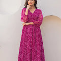 Wine Bandhani Print Georgette Gown with Sheer Sleeves and Waist Tie-Up