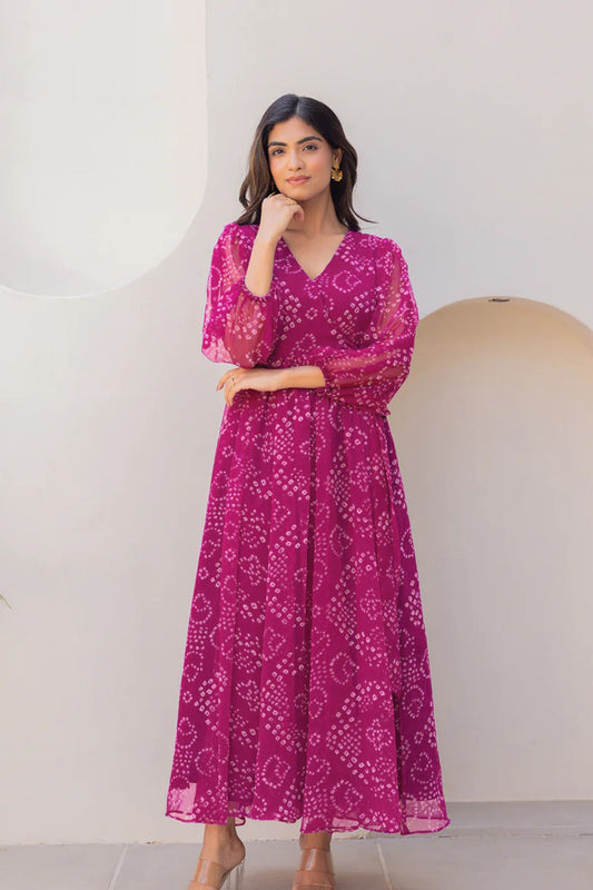 Wine Bandhani Print Georgette Gown with Sheer Sleeves and Waist Tie-Up