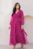 Wine Bandhani Print Georgette Gown with Sheer Sleeves and Waist Tie-Up