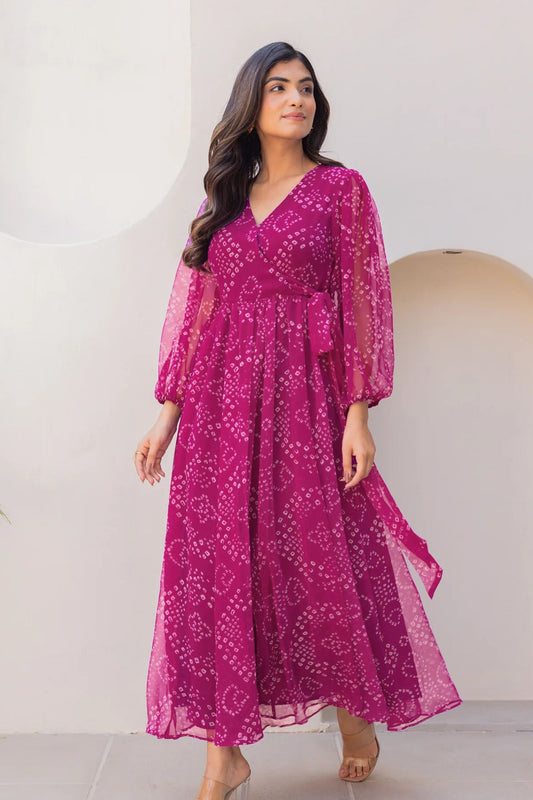 Wine Bandhani Print Georgette Gown with Sheer Sleeves and Waist Tie-Up