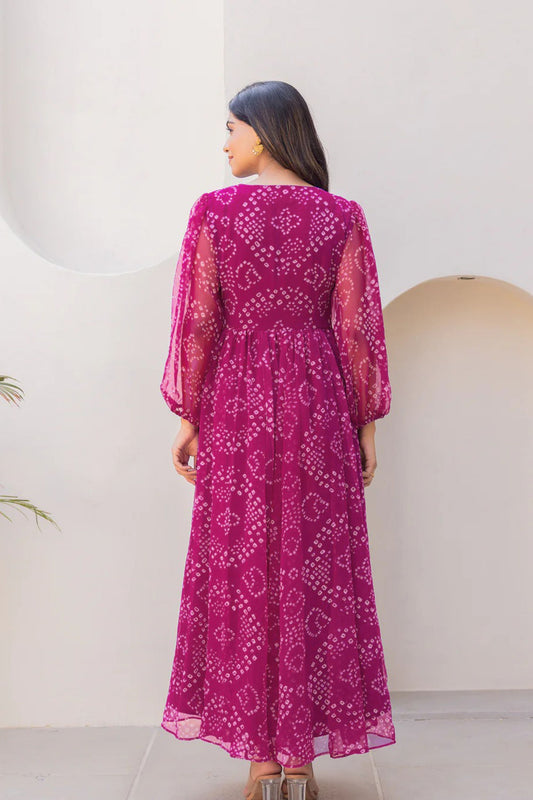 Wine Bandhani Print Georgette Gown with Sheer Sleeves and Waist Tie-Up