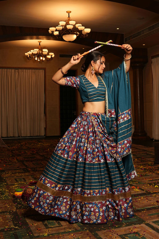 Rama Green Printed Crepe Lehenga Choli with Dupatta for Navratri