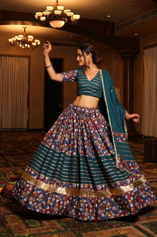 Rama Green Printed Crepe Lehenga Choli with Dupatta for Navratri