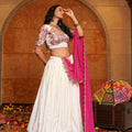 Off-White and Pink Mirror Work Chaniya Choli with Dupatta for Navratri