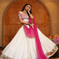 Off-White and Pink Mirror Work Chaniya Choli with Dupatta for Navratri