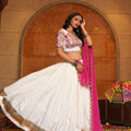 Off-White and Pink Mirror Work Chaniya Choli with Dupatta for Navratri