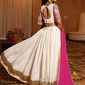Off-White and Pink Mirror Work Chaniya Choli with Dupatta for Navratri