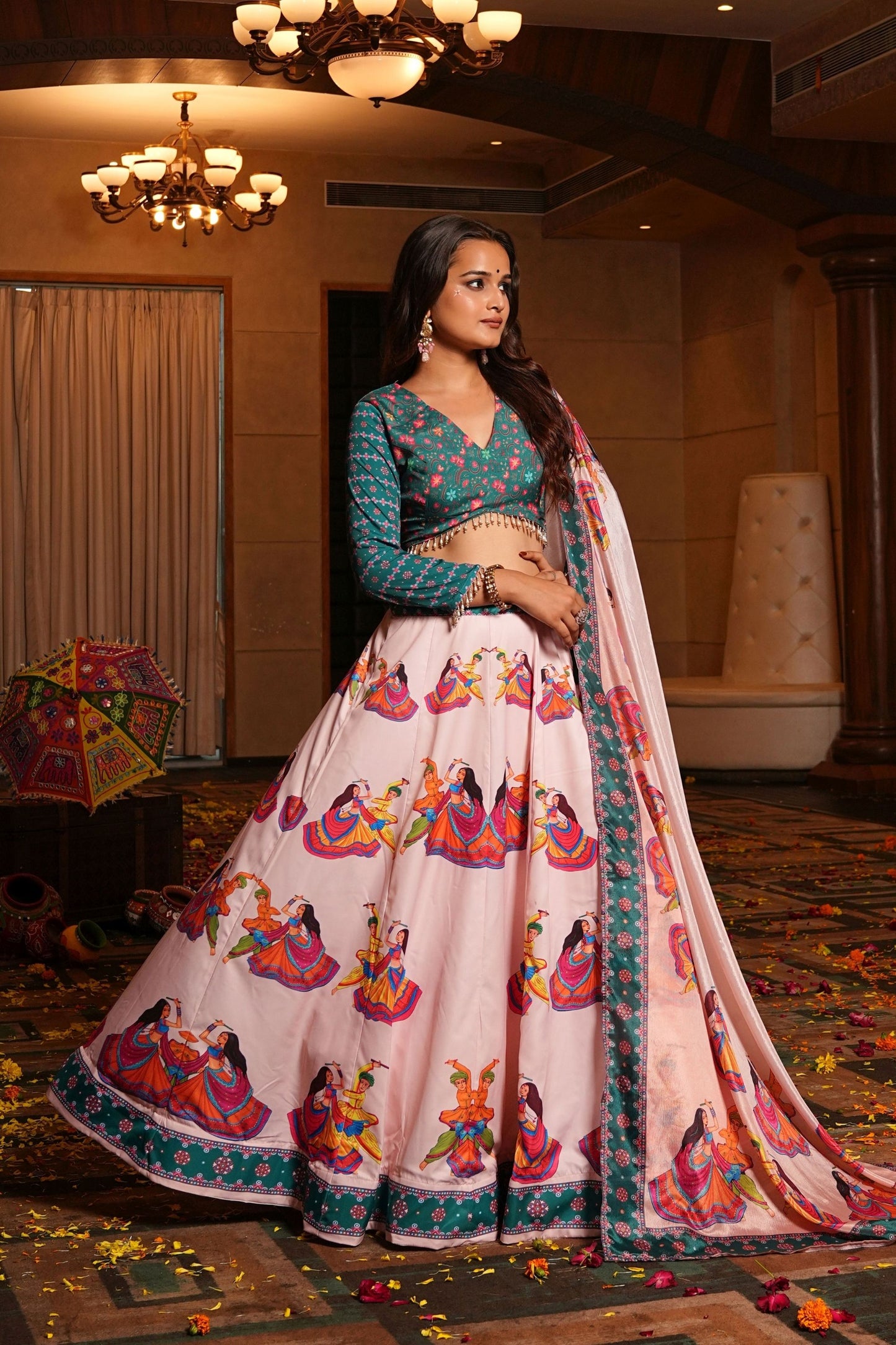 Pink Navratri Lehenga Choli with Traditional Print and Green Blouse