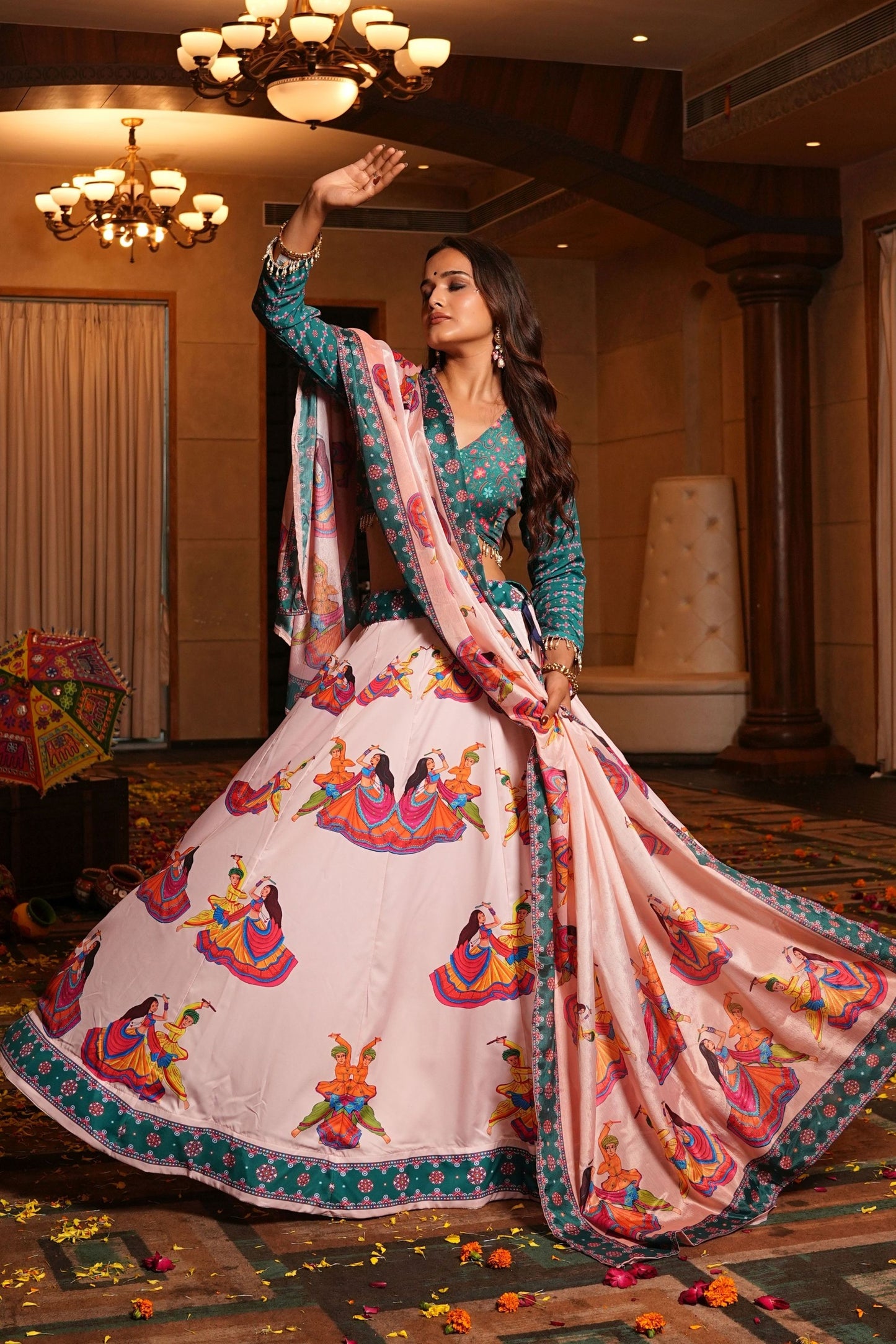 Pink Navratri Lehenga Choli with Traditional Print and Green Blouse