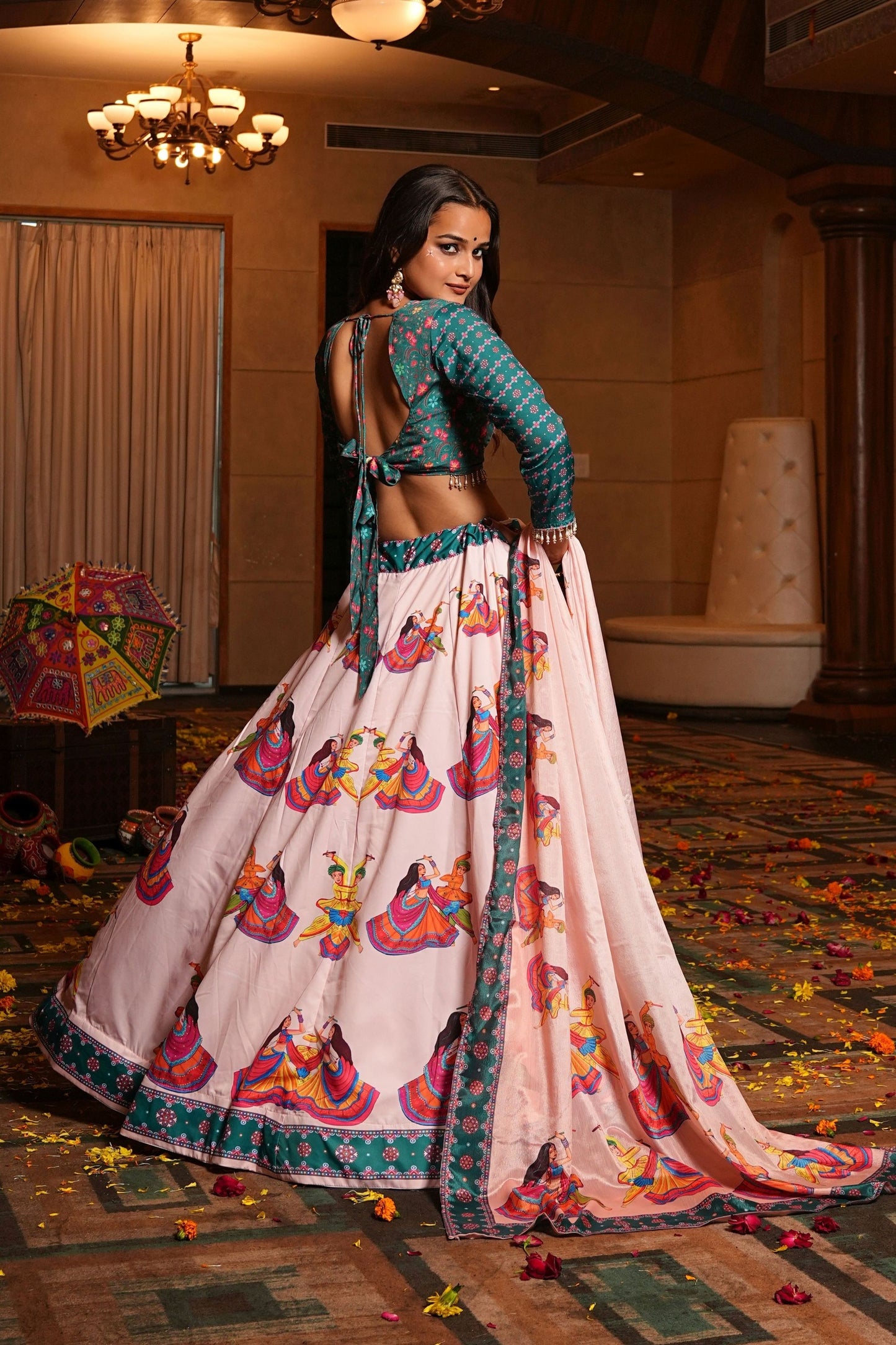 Pink Navratri Lehenga Choli with Traditional Print and Green Blouse