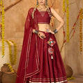 Maroon Silk Navratri Lehenga Choli with Gold Zari Border and Sleeveless Blouse