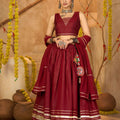 Maroon Silk Navratri Lehenga Choli with Gold Zari Border and Sleeveless Blouse