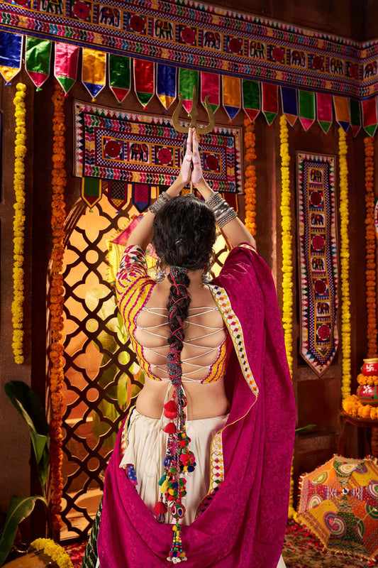 Magenta and White Traditional Lehenga Choli with Mirror and Embroidery Work