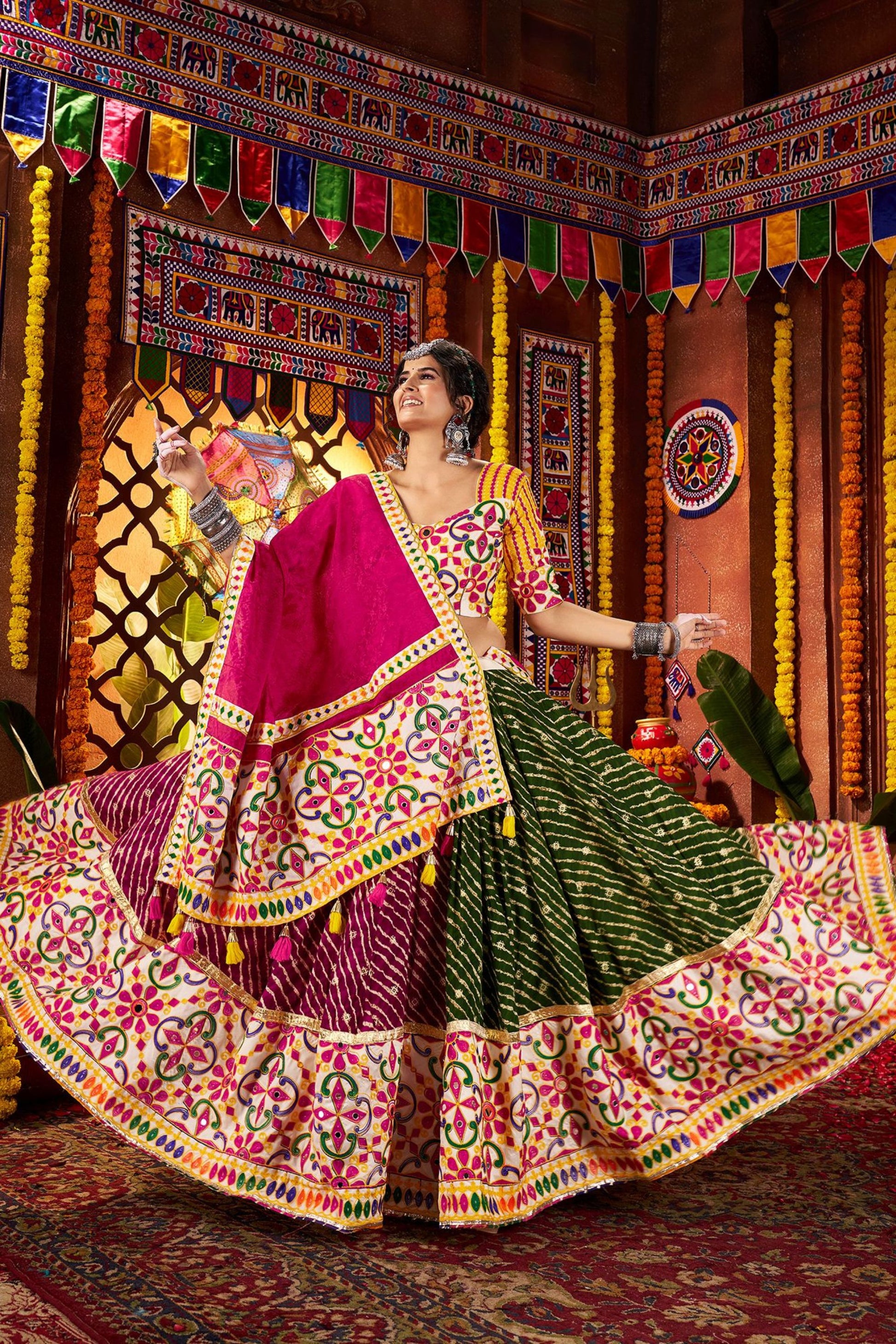 Magenta and White Traditional Lehenga Choli with Mirror and Embroidery Work