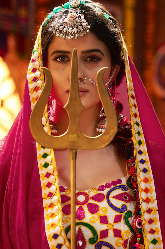 Magenta and White Traditional Lehenga Choli with Mirror and Embroidery Work