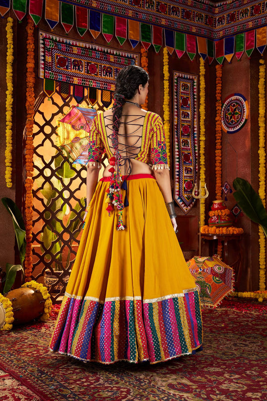 Pink and Yellow Traditional Lehenga Choli with Mirror and Embroidery Work