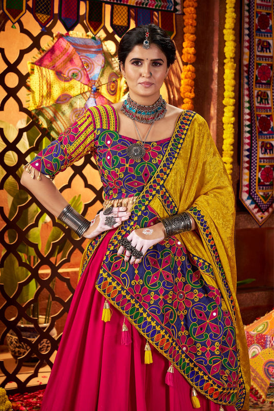 Pink and Yellow Traditional Lehenga Choli with Mirror and Embroidery Work
