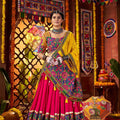 Pink and Yellow Traditional Lehenga Choli with Mirror and Embroidery Work