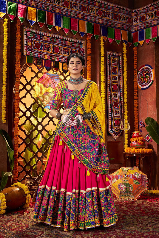 Pink and Yellow Traditional Lehenga Choli with Mirror and Embroidery Work
