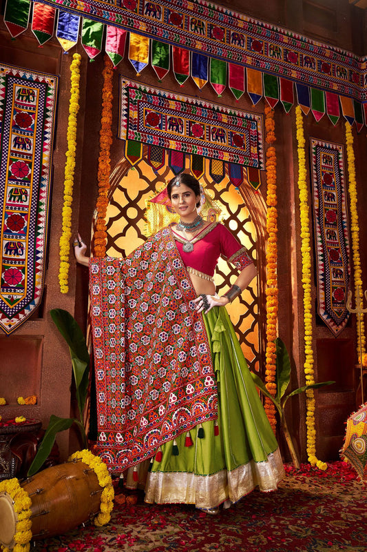 Pink and Green Traditional Lehenga Choli with Mirror and Embroidery Work