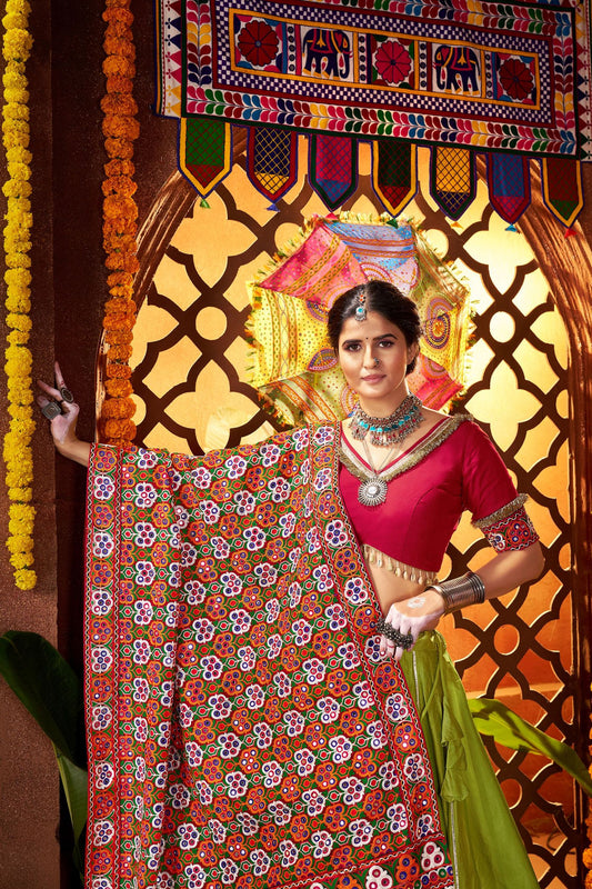 Pink and Green Traditional Lehenga Choli with Mirror and Embroidery Work