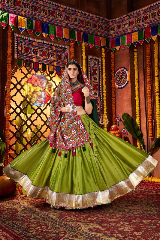 Pink and Green Traditional Lehenga Choli with Mirror and Embroidery Work