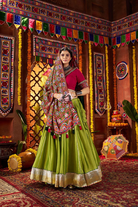 Pink and Green Traditional Lehenga Choli with Mirror and Embroidery Work