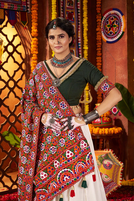 White and Green Traditional Lehenga Choli with Mirror and Embroidery Work