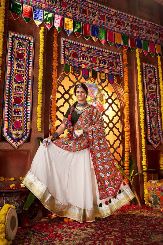 White and Green Traditional Lehenga Choli with Mirror and Embroidery Work