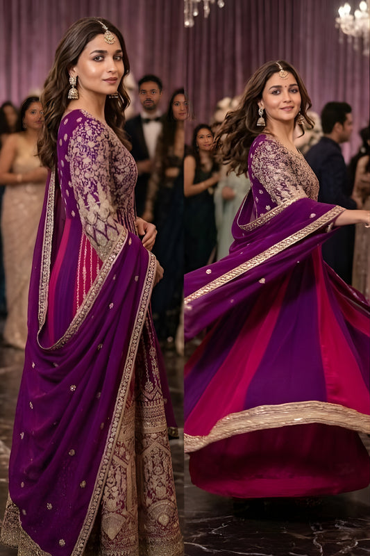 Lovely Purple and Magenta Georgette Embroidered Readymade Gown with Dupatta for Women