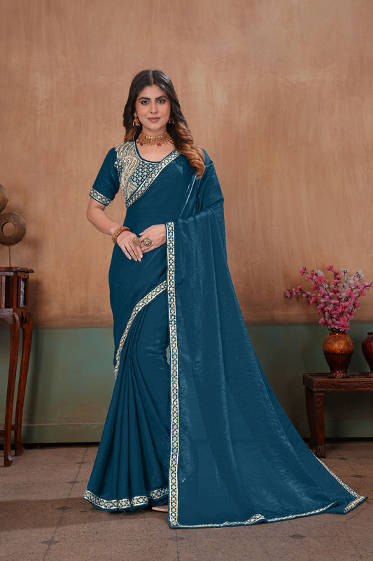 Royal Teal Blue Soft Fandy Satin Fabric Saree Embroidery Beads Work