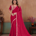 Beautiful Rani Pink Soft Fandy Satin Fabric Saree Embroidery Beads Work