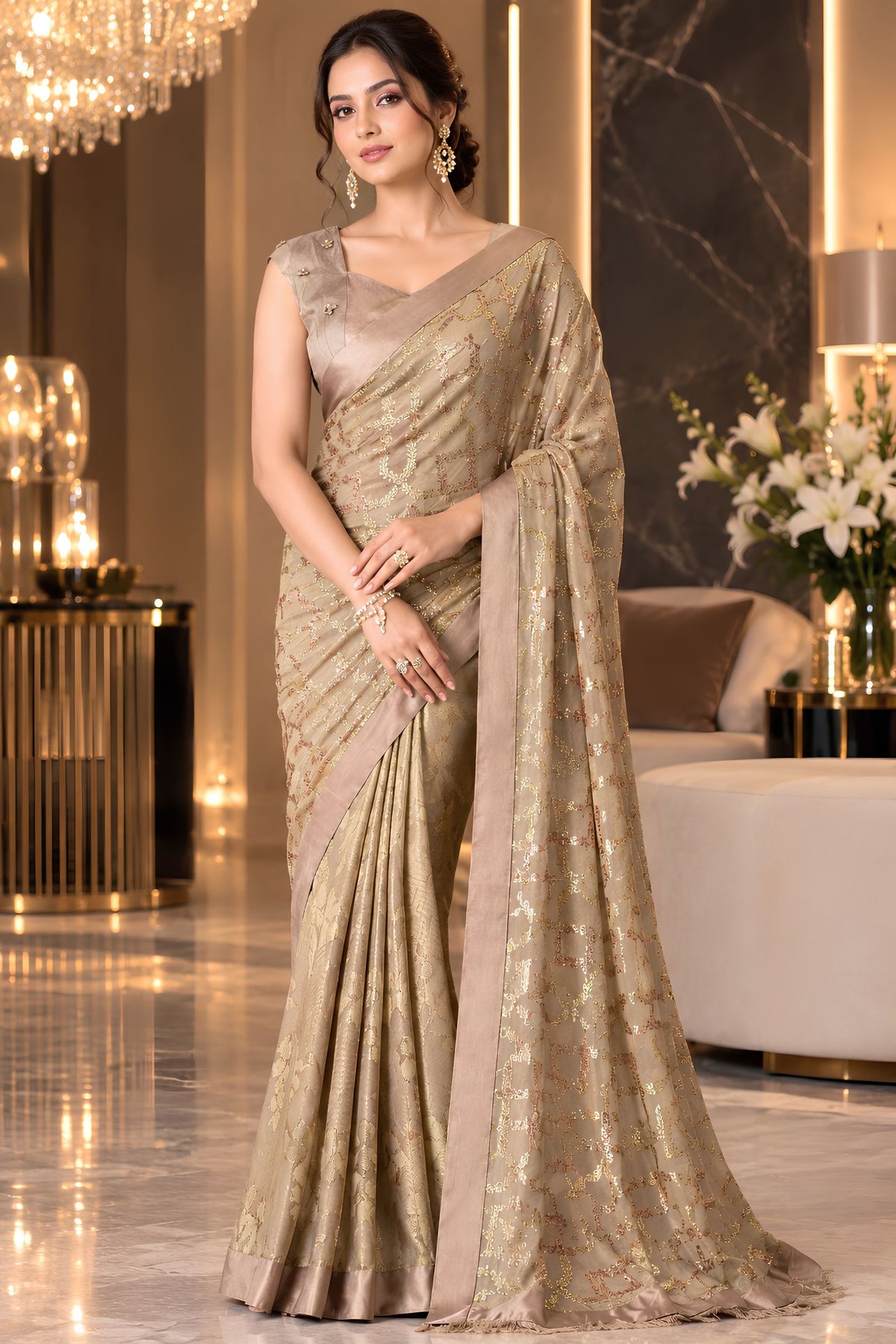 Exquisite Beige Georgette Silk Saree with Sequin Work for Women
