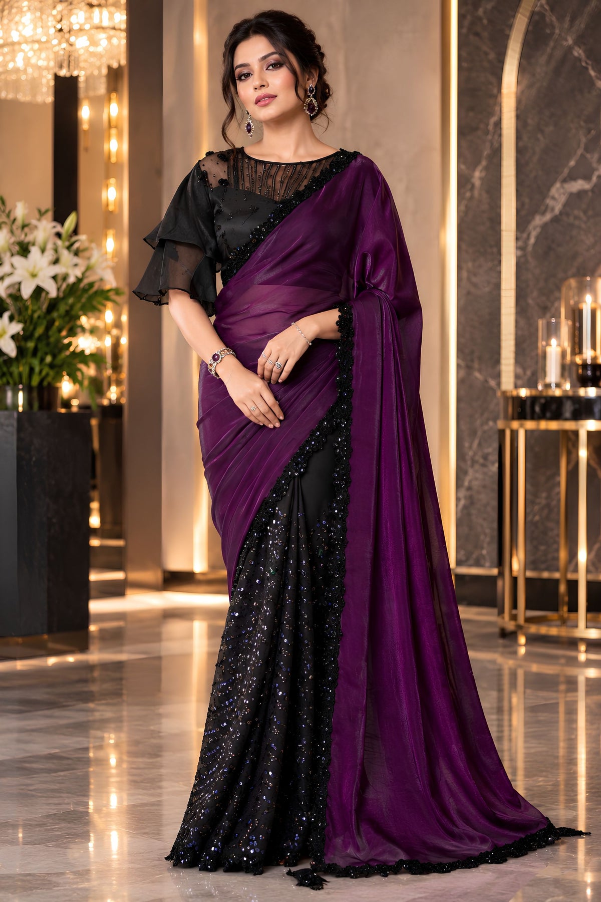 Luxury Black Georgette Silk Saree with Sequin Work For Women
