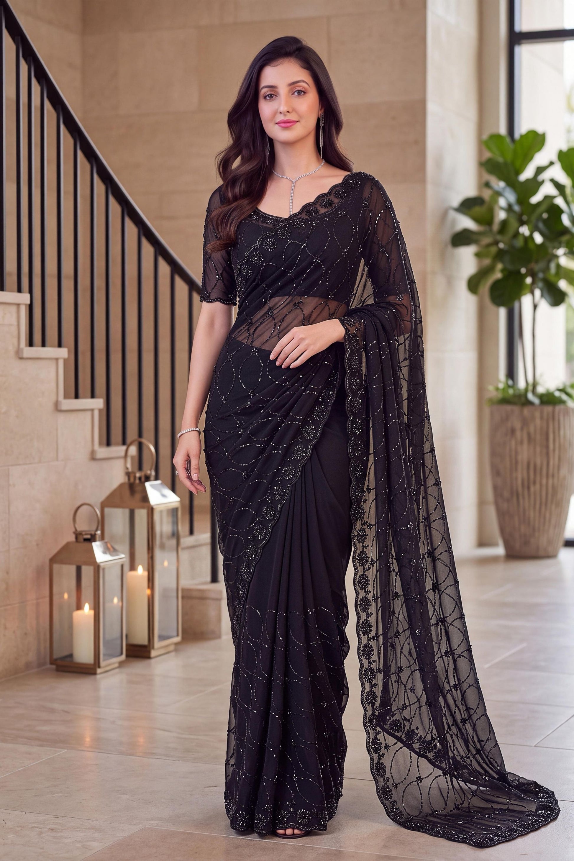 Elegant Black NC Moss Saree with Sequin Embroidery Work for Women