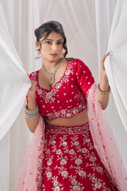 Regal Rani Pink Georgette Designer Lehenga Choli with Heavy Embroidery Work and Pink Dupatta