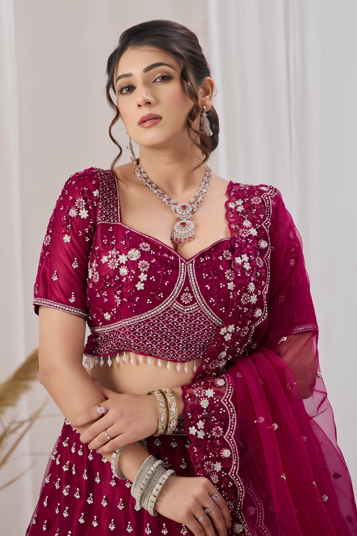 Exquisite Magenta Net Designer Lehenga Choli with Heavy Embroidery Work and Dupatta for Women